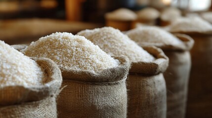 several gunny sacks filled with white rice