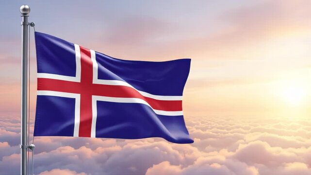 National flag of iceland nation waving on the wind with a beautiful sunset on the background, banner of the country
