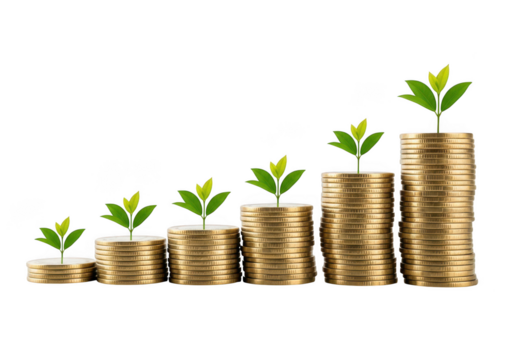 Stacks of gold coins growing upwards with green plants on a transparent background isolated on transparent background - Powered by Adobe