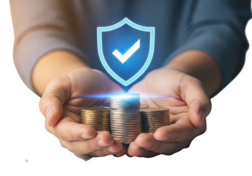 Hands holding stack of coins with glowing shield and checkmark isolated on transparent background