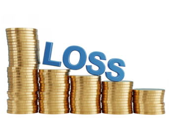 Stacks of gold coins decreasing in height with the word loss isolated on transparent background