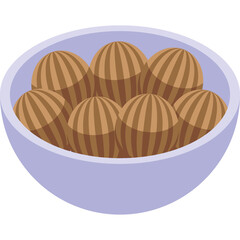Bowl of brown ribbed spherical objects with vertical stripes in a light purple bowl on a transparent background