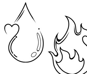 Water and fire icon in the shape of love