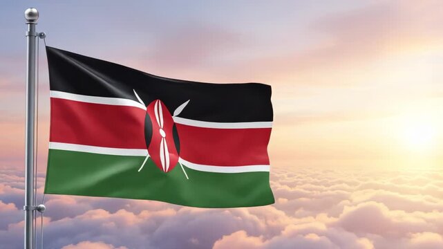 National flag of kenya nation waving on the wind with a beautiful sunset on the background, banner of the country