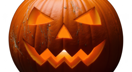 Carved jackolantern pumpkin with scary face expression isolated on transparent background