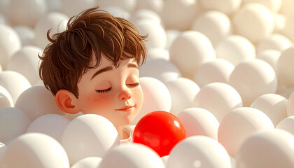 A small child holds a red ball among the white balls.