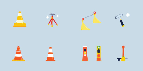 Illustration of construction tools cones hammers flags and more