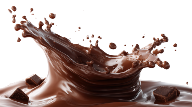 A splash of smooth, melted chocolate is captured in mid-air, creating a dynamic, swirling shape. Droplets of chocolate scatter outward, and small chunks of solid chocolate lie beneath the splash. The 
