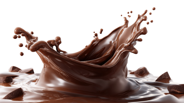 A splash of smooth, melted chocolate is captured in mid-air, creating a dynamic, swirling shape. Droplets of chocolate scatter outward, and small chunks of solid chocolate lie beneath the splash. The 