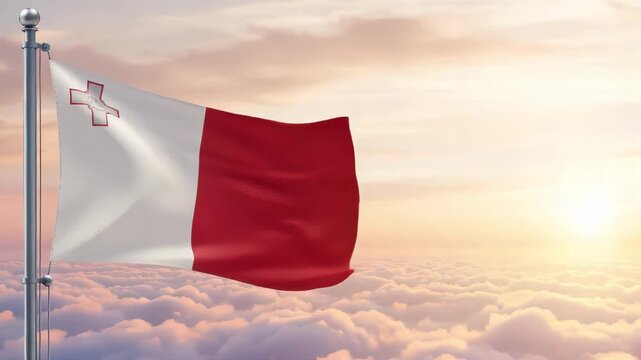 National flag of malta nation waving on the wind with a beautiful sunset on the background, banner of the country
