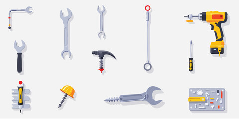 Obraz premium Tools scatter wrenches screwdriver drill screw and a hammer
