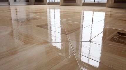 Stunning Polished Tile Floor Reflecting Light in a Spacious Interior With Large Windows Showcasing Natural Scenery