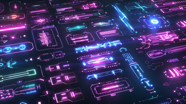 glowing futuristic icons, electric circuit-inspired symbols, bri