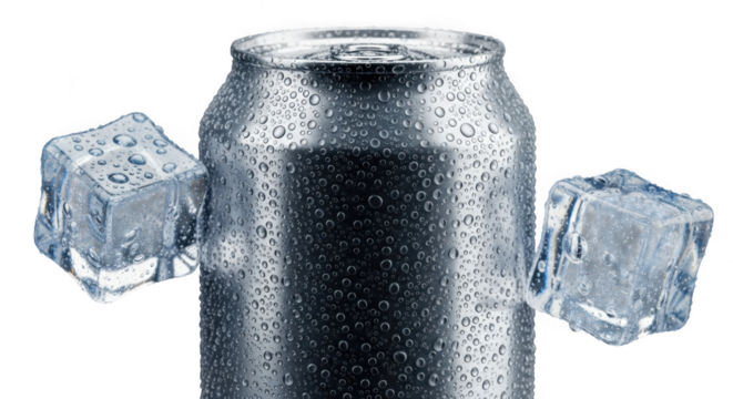 Cold aluminum can with ice cubes condensing, refreshing beverage concept isolated on transparent background
