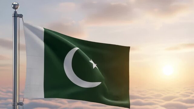 National flag of pakistan nation waving on the wind with a beautiful sunset on the background, banner of the country