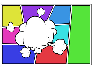 colorful comic book page panel layout with a smoke or cloud effect burst in the center. Perfect for adding a fun and energetic feel to social media, posters, and web design