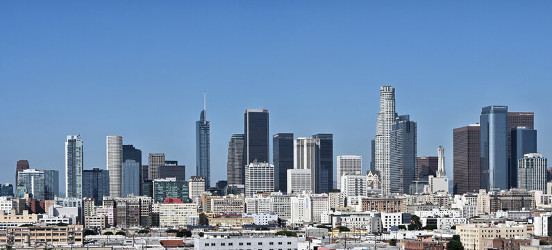 LOS ANGELES, CALIFORNIA - 23 OCT 2025: LA City Skyline seen from ROW DTLA.