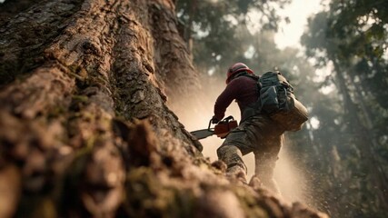 A lumberjack in safety gear uses a chainsaw on a large tree, sawdust flying, within a forest