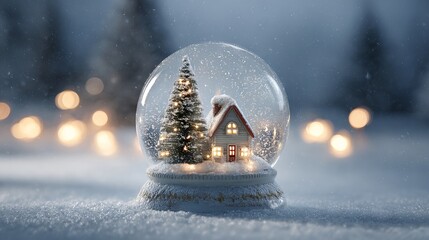 Cozy Christmas snow globe with tiny house and fir tree in falling snow, glass crystal ball holiday decoration, warm festive glow, magical scene with copy space for greeting card and branding
