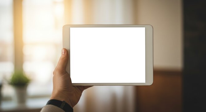Person holding tablet with blank white screen.