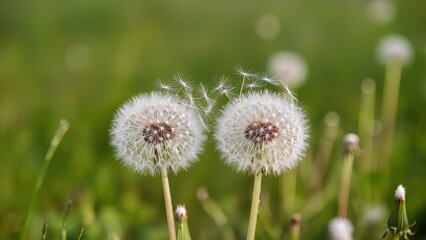 "Ephemeral Connection": A magical realism image showing two dandelion seed heads (puffy white) side-by-side in a gentle breeze. 