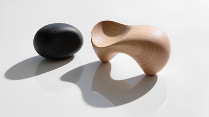 "Linked Silhouettes": A striking, minimalist image of two abstract, organic shapes (e.g., smooth stones, polished wood forms) casting perfectly aligned, elongated silhouettes .