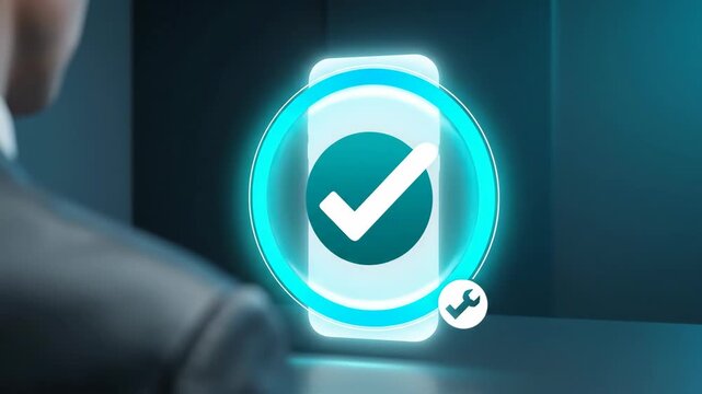OS-agnostic device completes ring; repair badge transforms to a check, then rests calmly