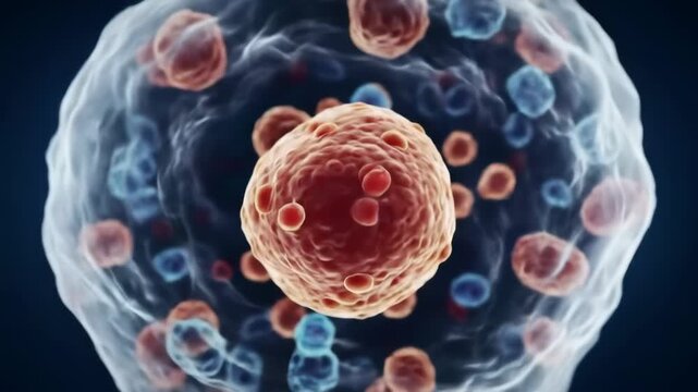 Cellular structure illustration, highlighting cancer cell, scientific background, for medical, educational use