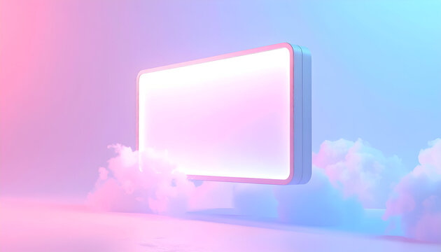 Illuminated Rectangular White Frame Above Clouds with Soft Pink and Blue Gradient Background in a Dreamy Ambiance, Fantasy Still Life, Geometric Composition