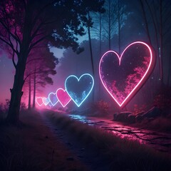 Neon Hearts Lighting a Whimsical Forest Path
