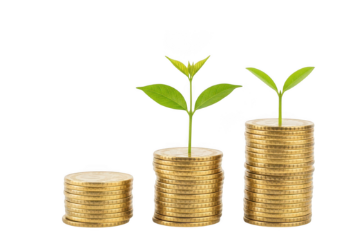 Three stacks of gold coins with small green plants growing from the top isolated on transparent background