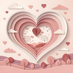 Paper-Cut Heart Illustration with Hot Air Balloon, Romantic Whimsical Landscape, Valentine’s Day Artwork

