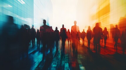 A blurred silhouette of a crowd of people walking through a city with a colorful background.