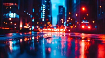 Fototapeta premium A blurred view of a city street at night, with reflections of street lights and traffic in a puddle on the road.