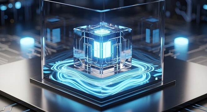 Glowing cube processor encapsulated in a glass chamber with blue neon circuits representing futuristic quantum technology and advanced computing power.