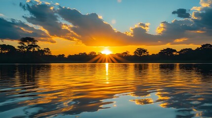 A breathtaking sunset over a tranquil river, casting a golden glow on the water and silhouetting the trees along the bank.