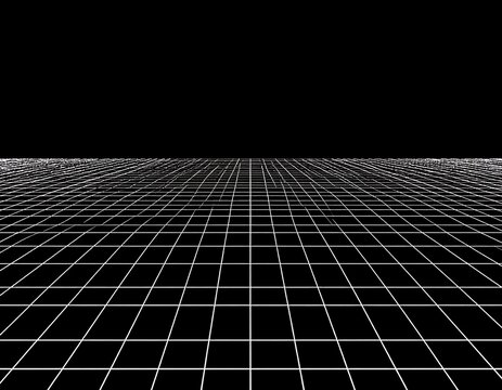 Black background with white grid extending towards horizon