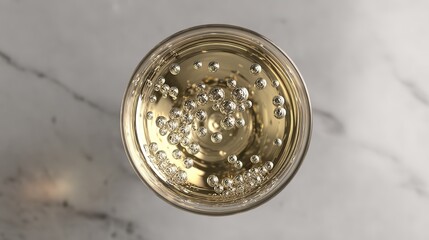 Sparkling wine in a glass, with bubbles, on a marble background, top view, copy space