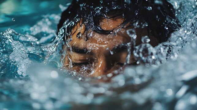 A close-up of a man's face submerged in a swimming pool, with water splashing around him.