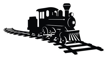 Classic steam locomotive silhouette traveling on railroad tracks in a stark black and white illustration © nhpvect02