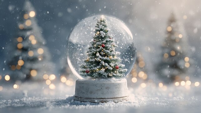 Snow globe with Christmas tree and falling snow on white background festive winter holiday decoration transparent crystal ball mockup for branding greeting cards product display and social media - Powered by Adobe