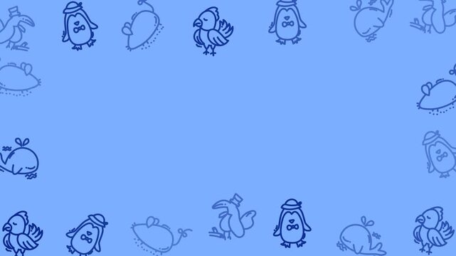 Blue pastel doodle background with cute penguins, birds, and whales creating circular border and copy space.