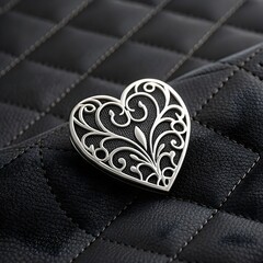 Luxury Silver Heart-Shaped Brooch on Quilted Black Leather