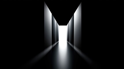 Dark corridor opening to bright doorway and reflective floor, architectural symmetry forms dramatic passage suggesting opportunity and forward motion