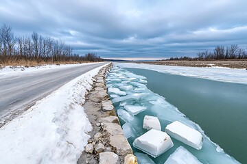 Scenic Winter Landscape with Frozen River and Snowy Road Under Cloudy Sky at Dusk