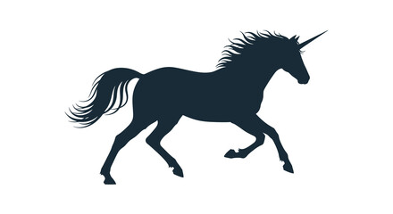 Majestic silhouette of a mythical unicorn galloping with flowing mane and tail against a white background