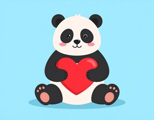 Cartoon panda holding a glossy red heart on a pastel blue background