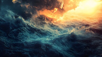 Fototapeta premium A dramatic and powerful sky with clouds in shades of blue and orange, illuminated by a bright light source.