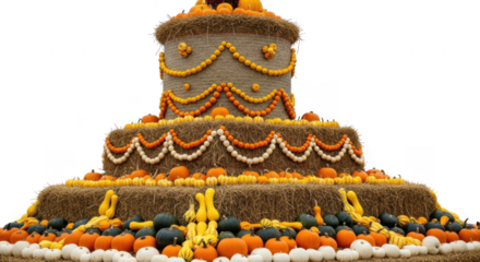 Elaborate multitiered cake decorated with fruits, nuts, and floral patterns isolated on transparent background