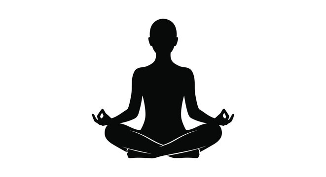 Silhouette of a person meditating in a peaceful lotus pose with hands in gyan mudra on a white background